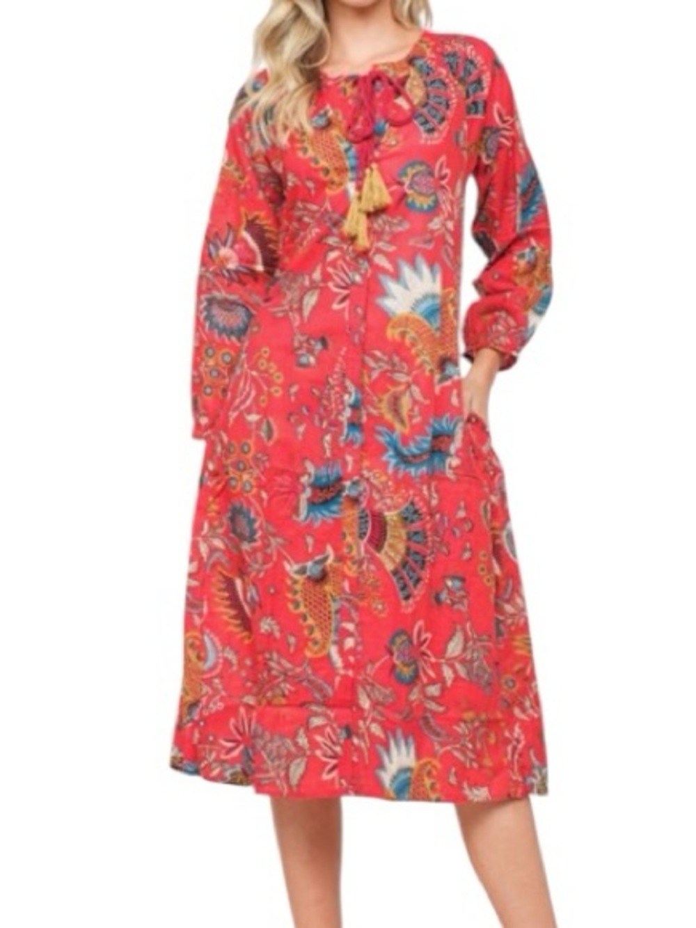 Raj Hanna Cotton Made in India Floral Print Tassel Accent Dress